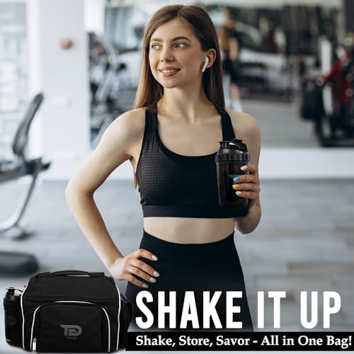 TO GO Meal Prep Bag By Insulated Lunch Meals Bag W/6 Portion Control Containers,2 ICE PACKS, Shaker, Pill Box,With an Adjustable shoulder. bag for meals (black)