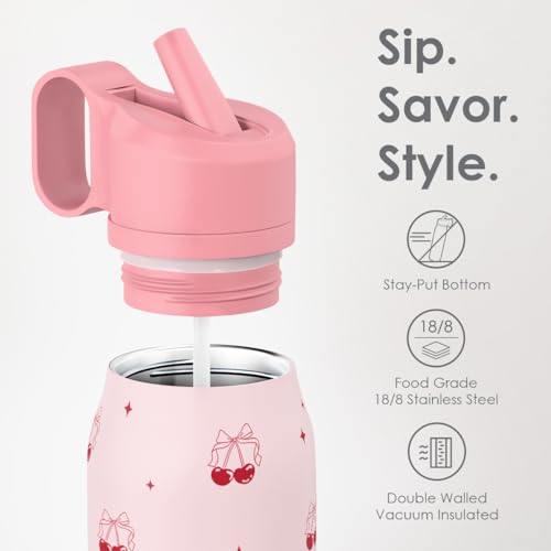 Image of Cherry Water Bottle with Twist Lid Stainless Steel 20oz, Travel Insulated for Sports & Gym, Gift for Women Girl Birthday Christmas