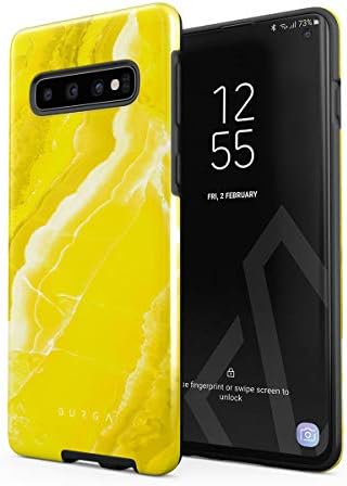 BURGA Phone Case Compatible with Samsung Galaxy S10 Plus - Hybrid 2-Layer Hard Shell + Silicone Protective Case -Neon Yellow Marble Citrus Stone Vivid Bright - Scratch-Resistant Shockproof Cover