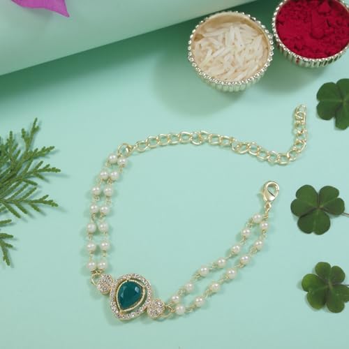 Image of I Jewels Designer Kundan Pearl Bhaiya Rakhi With Roli Chawal for Brother /Bro /Men with Rakshabandhan Card