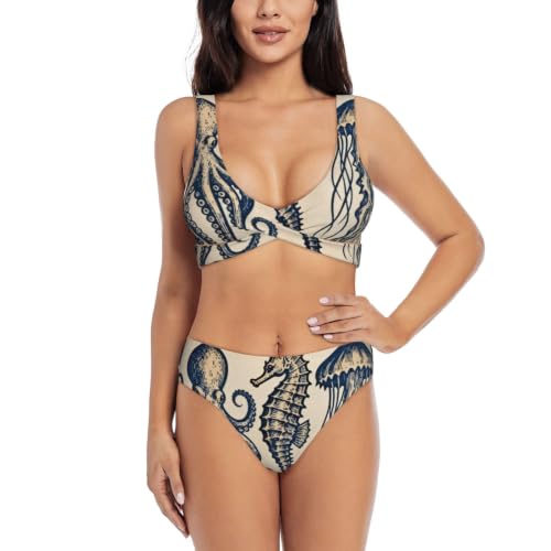 Maillot de bain deux pièces push-up pour femme triangle imprimé océan