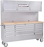 Elementool 72-Inch Heavy-Duty Rolling Garage Workbench with 15 Drawers, 3 Cabinets, Wheels & Pegboard - Steel Frame Tool Chest Storage Solution for Mechanics Workshop Organization, Silver
