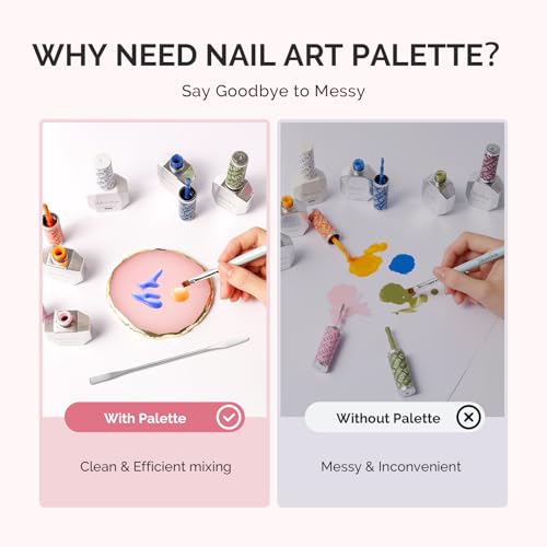 Image of MelodySusie 2Pcs Round Resin Nail Art Palette with Spatula, Professional Gel Polish Mixing Board & Nail Training Companion for Practice Hands & Fingers, Pink & White
