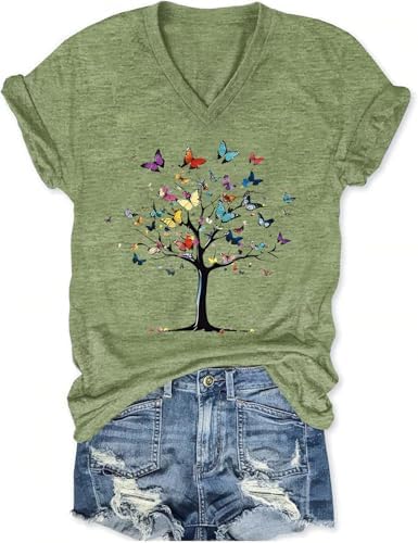 Butterfly Tree Shirts Women Funny Boho V-Neck T-Shirt Cute Summer Graphic Tee Loose Fit Casual Short Sleeve Tops(Green1-S)