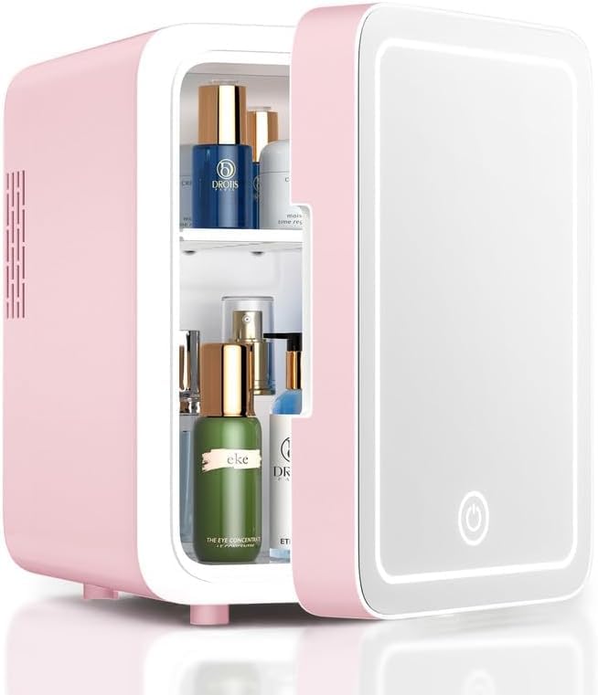 CUTIEWORLD - Refrigerador para el cuidado de la piel con espejo de luz LED regulable, mini refrigerador de maquillaje de 4 litros para recámara, coche, oficina y recámara, refrigerador y calentador