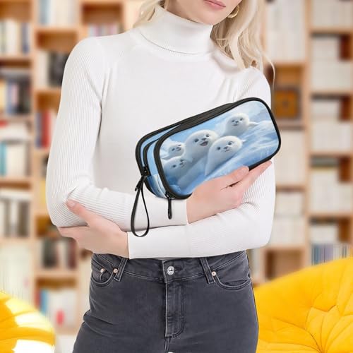 Image of ALAZA White Seal Lion Nautical Pencil Case Large Capacity Pencil Pouch Boys Girls School Office Stationery Pen Bag 3 Compartments Storage Box for Kids Adults