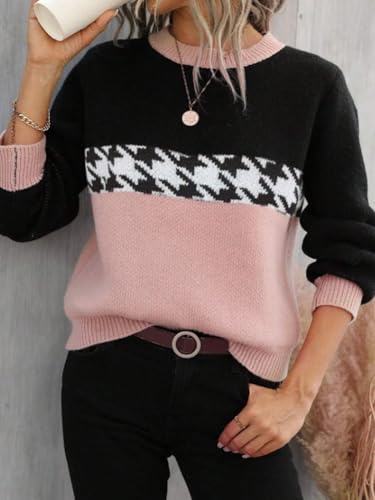 Image of chouyatou Women's Vintage Color Block Long Sleeve Pullover Sweater Houndstooth Printed Crewneck Jumper Tops