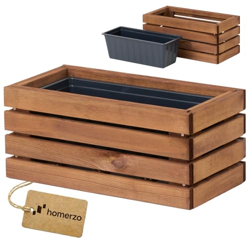 HOMERZO Holz Pflanzkasten Blumenkasten rechteckig braun imprägniert mit herausnehmbarem Kunststoff-Einsatz Pflanzkübel für Balkon Garten & Terrasse (Horizontal-braun 45x23 H20)
