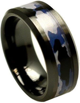 8mm Black Ceramic High Polish Finish Camouflage Inlay Beveled Edge Comfort Fit Wedding Band Engagement Ring for Men & Women Available Sizes (7-15) Including Half Sizes Please Email