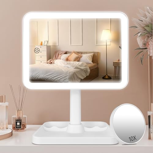 FASCINATE Rechargeable Makeup Vanity Mirror with Lights, Light Up Vanity Mirror for Dressing Table Bathroom Desk, Dimming Touch Sensor Portable Travel Mirror with Detachable 10X Magnifying (L3C_White)