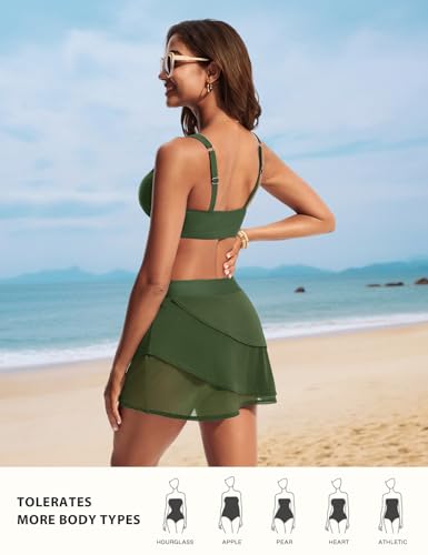 Hanna Nikole Modest Bikini Sets with Asymmetrical Layers Skort Womens Two Piece Tummy Control Bathing Suits M Army Green — view 4