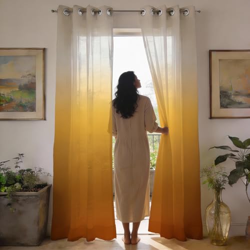 Urban Space Printed Sheer Curtains for Long Door 8 feet, 35-40% Light Filtering Transparent Curtains with Eyelets for Living Room, Set of 2 Decroative Curtains (Sunset Ombre, 8 Feet)
