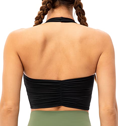 Lavento Women's Halter Sports Bra Longline Padded Yoga Crop Bras Top (Black - Pleated Back, 4)