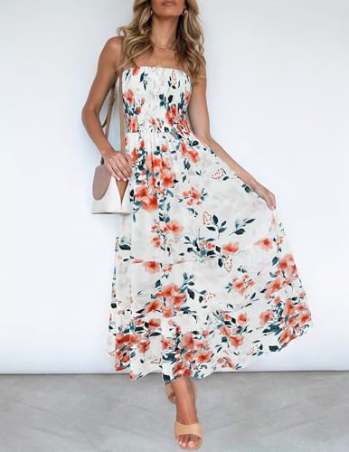 Image of ZESICA Women's Summer Boho Strapless Maxi Dress 2026 Casual Off Shoulder Smocked Flowy A Line Beach Holiday Long Dresses