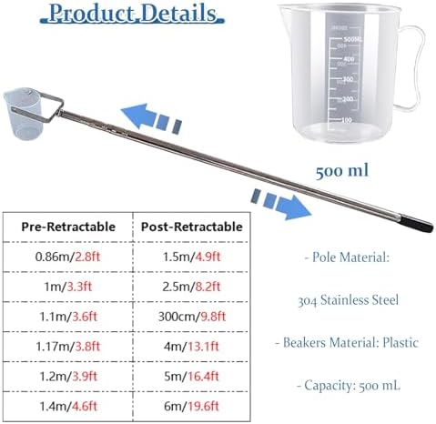 Telescopic Water Sampling Pole with 1000ml Cup, Vertical Dipper Sampler for Environmental Testing in Labs, Ponds & Rivers, Adjustable Length 1.2m to 5m