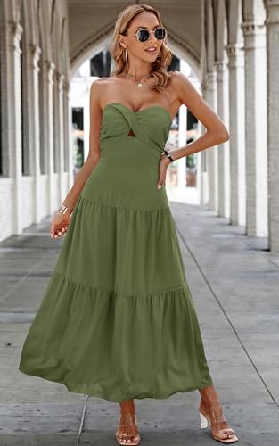 Image of ECOWISH Womens Summer Strapless Smocked A Line Maxi Dress | Off Shoulder Hollow Out Tiered Long Dresses Beach Party Vacation Wear