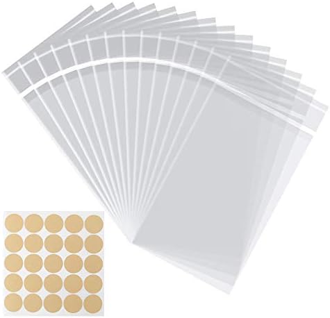 Tomnk 200pcs Cellophane Bags，5.5x7.5 Inches Clear Resealable Cello Treat Bags with 200psc Self Adhesive Kraft Paper for Bakery, Candy, Soap, Cookie, Candle