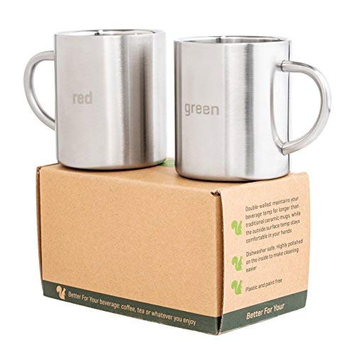 Coffee Mugs Stainless Steel - Double Wall - with Laser Words Red & Green -13.5oz - Metal Coffee Mug Tea Cups - with Round Handles - perfect for Home Camping RV Gift - Shatterproof Set of 2