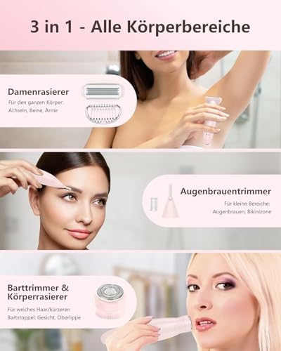 Rasierer Damen,3-In-1 Intimrasierer für Frauen,Gesichtshaarentferner für Frauen,Damenrasierer Elektrisch Nass-Trockenrasierer IPX7 Trimmer Damen,für Bikinizone Achseln Beine,USB-Aufladung,Rosa 2