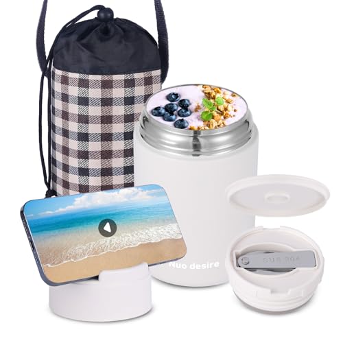 Nuo desire Recipiente térmico para comida de 600 ml, cuenco térmico con tapa, recipiente para calentar el calor de acero inoxidable con cuchara, termo para alimentos, a prueba de fugas, para avenas,
