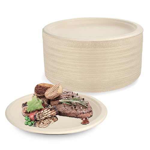 VIDETOL Lot de 150 assiettes en carton bagasse de 18 cm - Assiettes creuses en canne à sucre recyclables pour fêtes, pique-niques et barbecues