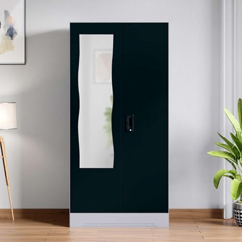 Image of Interio by Godrej Almirah Slimline 2-Door Steel Almirah, Cupboard for Clothes (Pacific Blue), 1-Year Warranty, 1 Locker, 4 Shelves and Curvilinear Mirror