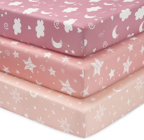 FIEMOL Baby Spannbettlaken 60x120cm Babybett Spannbetttuch, 3er-Pack Mikrofaser Bettlaken Für babybetten, Ultrasanft & Seidigglatt Bettlaken Rosa Sterne Mond