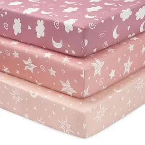 Baby Mini Crib Sheets Girl, Portable 38”x26” Pack and Play Sheets Fitted for Playard and Pack N Play Mattress, 3-Pack Soft Microfiber Pink Stars