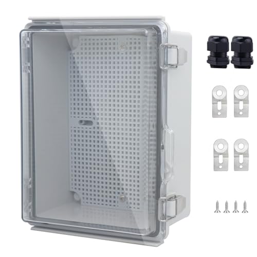 IP67 Waterproof Junction Box, ABS Plastic Electrical Enclosure with Stainless Steel Latch, Hinged Cover Electric Box with Mounting Plate, Wall Brackets &amp; Cable Glands 210x160x100mm