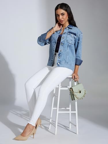 Image of Miss Chase Women's Polo Neck Full Sleeves Patch Pocket Denim Overcoat Knee-Length Jacket