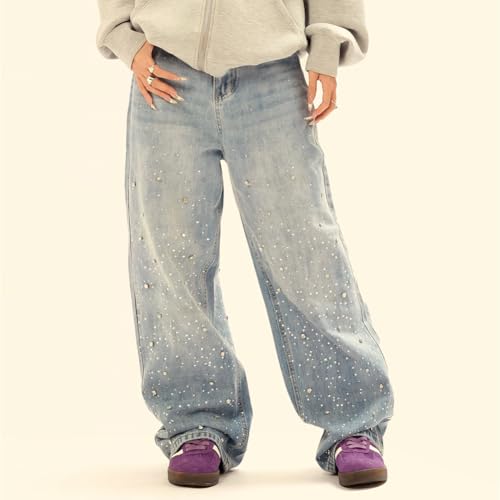 Hip Hop Rhinestone Jeans Men Women Baggy Straight Vintage Blue Denim Pants Streetwear Jeans Trousers3