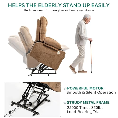 DWVO Power Lift Recliner Chair with Massage & Heat, Modern Fabric Recliner Chair, Spacious Fabric Seat, USB Ports, Cup Holders & Remote Control for Living Room, Brown