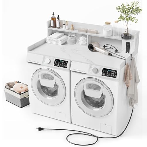 Washer Dryer Countertop 54''W Laundry Topper Clothes Folding, White Marble