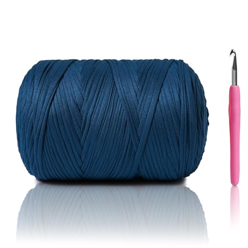 Image of 800G（228YDS） Tshirt Yarn for Crocheting，Chunky T-Shirt Yarn for Beginner Crochet Bags，Baskets，Coasters，Shoes，Clothes，DIY Crafts, Elastic Fabric Thick Hand Knitting Crochet Yarns (Navy Blue)