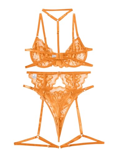 Image of Lilosy Sexy Choker Floral Lace Scallop Sheer Underwire Push Up Garter Belt Lingerie Set 3 Piece for Women See Through Bachelorette Bra and Panty Neon Orange Medium