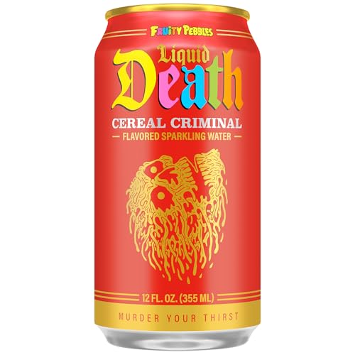 Image of Liquid Death Soda-Flavored Sparkling Water - Cereal Criminal (Fruity Pebbles, Cream), Less Sugar*, Huge Flavor, No Caffeine, No Artificial Sweeteners, 12 Fl Oz (Pack of 12)