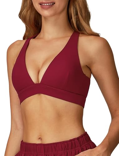Sujetador deportivo para mujer, ajustable, con cuello en V profundo, espalda abierta, sin varillas, para gimnasio, yoga, rosso, S