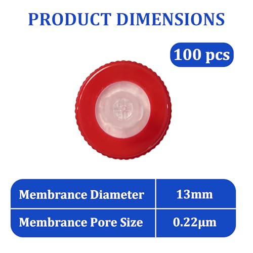Image of 100 Count Syringe Filter, PTFE 13mm Diameter 0.22um Pore Size (Red) | PTFE Hydrofilic Membrane 13mm Diameter 0.22um Pore Size, Syringe Lab Filters, Non Sterile Filtration (Red)