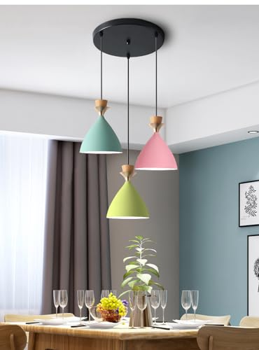 Image of 3 Light Cluster Hanging Bell Shade Light (Pink, Aqua Blue, Moss Green) Aluminium Hanging Pendant Light Drop, Antique Modern Ceiling Lamp (Bulb is not Included) 3 Light Cluster Set
