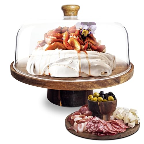 NWK 3-in-1 Cake Stand with Lid Rustic Acacia Wooden Cake Plate with Pedestal, Food serving Platter, Cheese Board, Acrylic Cover Shatterproof (Round)