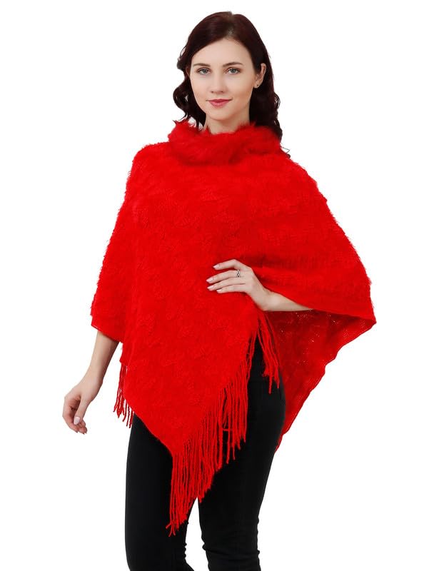 MANRA Women Round-Neck Striped Poncho with Tassels Knitted Fringed Sweater Pullover Cape for Winter (SC 33)-image-16