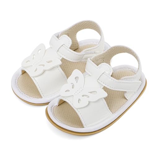 LACOFIA Baby Girls Sandals Infant Breathable Summer Sandals First Walking Shoes with Anti-Slip Soft Sole White Butterfly 3-6 Months