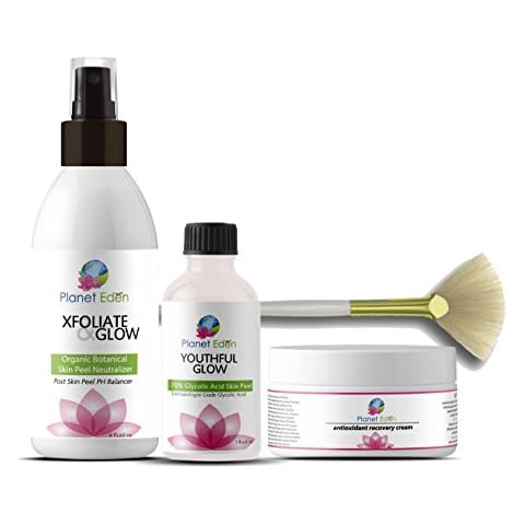 Planet Eden 70% Glycolic Acid Chemical Skin Peel Kit + Organic Botanical Peel Neutralizer and 1 oz Antioxidant Recovery Cream + Treatment Fan Brush Cover