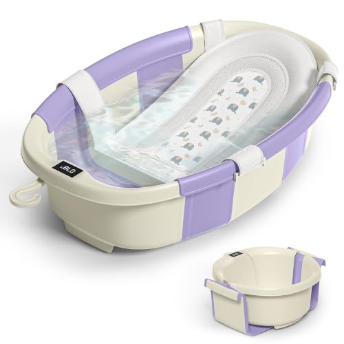 Collapsible Baby Bathtub for Newborn to Toddler 0-36 Months,Spacious Foldable Infant Bath Tub with Thermometer,Cushion & Drain Hole,Portable Travel Tub, Baby Shower Gift Lavender