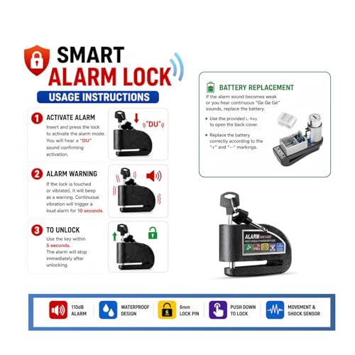 Image of Securo Aluminium Bike Disc Lock with 110dB Anti-Theft Alarm, Waterproof Rust-Resistant, Heavy Duty Disc Brake Lock for Motorcycle Scooter, Shock Sensor Security, Strong Finish Polished Black