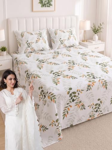 Image of Mafatlal 186 TC Metro Cotton King Size Bedsheet | 108 x 108 Inch|Soft, Breathable & Lightweight | Includes 2 Pillow Covers| Bamboo Green 2