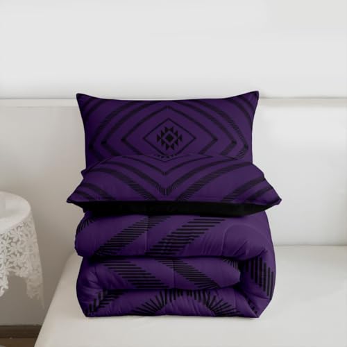Image of Feelyou Boho Bedding Set Soft for Boys Girls, Purple Moroccan Style Comforter Set Twin Size Classic Diamond Pattern Duvet Quilt Microfiber Aztec Bedroom Decor 2 Pcs with 1 Pillow Cases