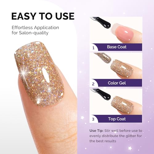 Image of MelodySusie Galaliver Gold Glitter Gel Nail Polish, 15ML Sparkly Champagne Shimmer Gel Polish Soak Off UV LED Cured Long Lasting Gift for Women DIY Nail Design Nail Art Manicure X07