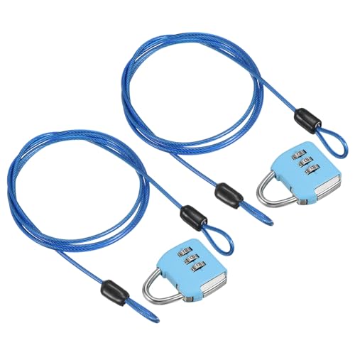Image of PATIKIL Security Steel Cable with 3 Digit Combination Lock, 2 Set Travel Padlock 3.3Ft Coated Safety Wire Rope Double Loop for Luggage Suitcase, Sky Blue