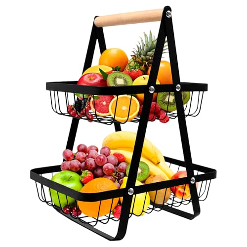 FORYNXHWIN 2-Tier Fruit Basket with Wooden Handle, Detachable Metal Fruit Bowl Holder Vegetable Storage Rack, Countertop Holder for Kitchen, Home, Office - Organize Fruits, Veggies, Snacks, Bread